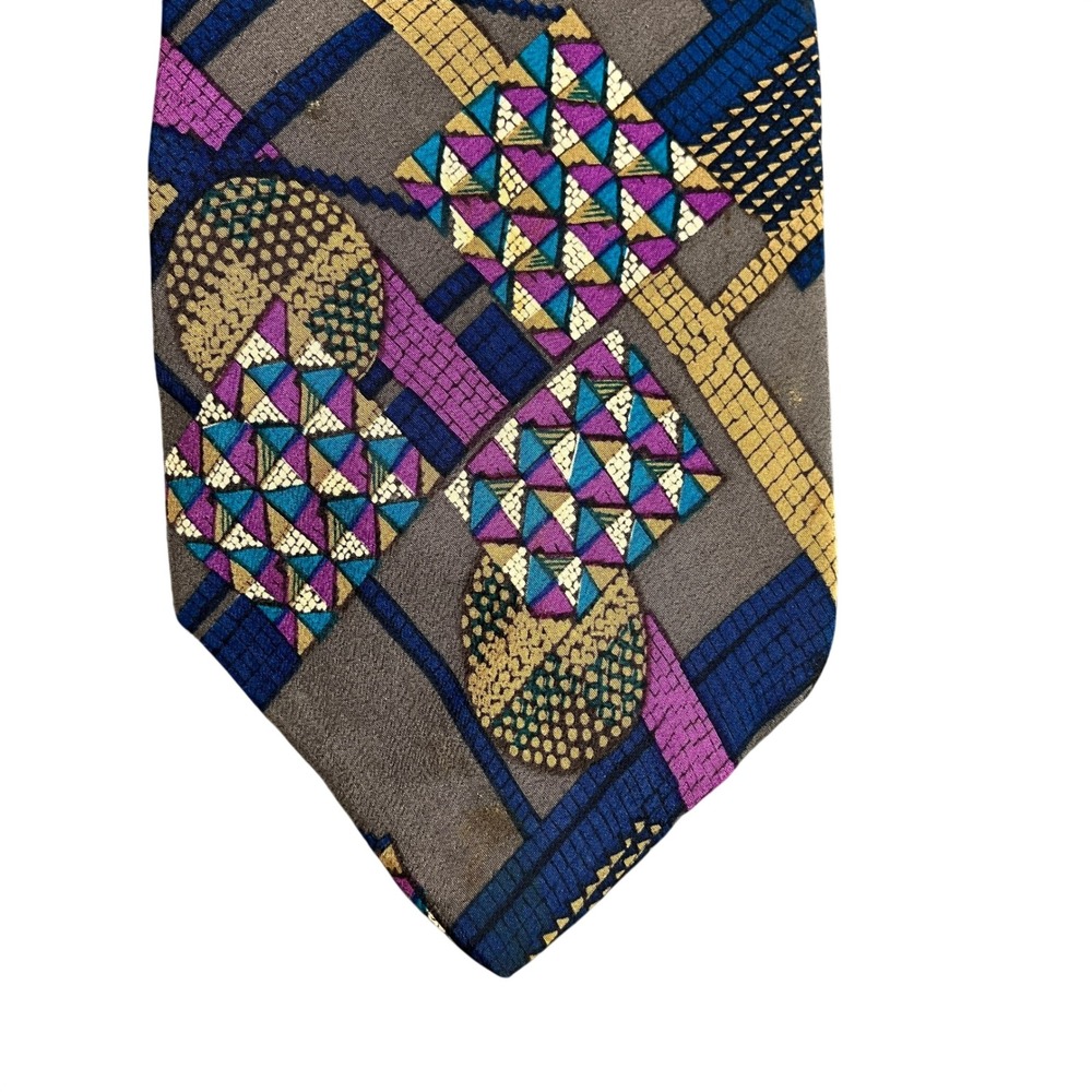 Basic Elements Mens Silk Tie Geometric Abstract Italian Fabric Grey Purple USA